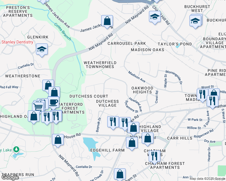 map of restaurants, bars, coffee shops, grocery stores, and more near 101 Vermel Court in Cary