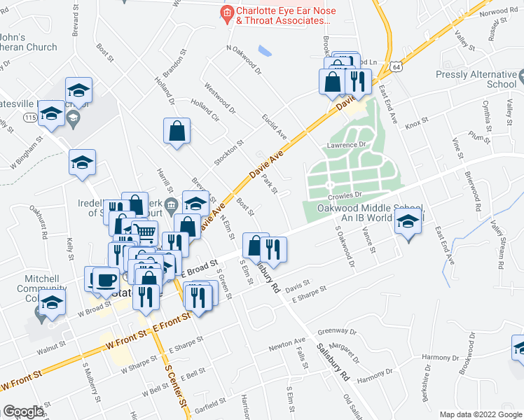 map of restaurants, bars, coffee shops, grocery stores, and more near 512 Queens Court in Statesville