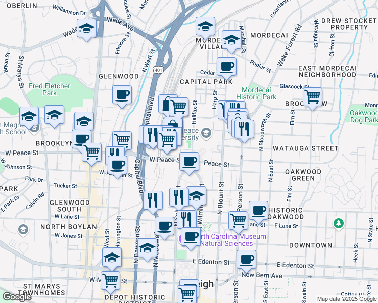 map of restaurants, bars, coffee shops, grocery stores, and more near 605 Halifax Street in Raleigh