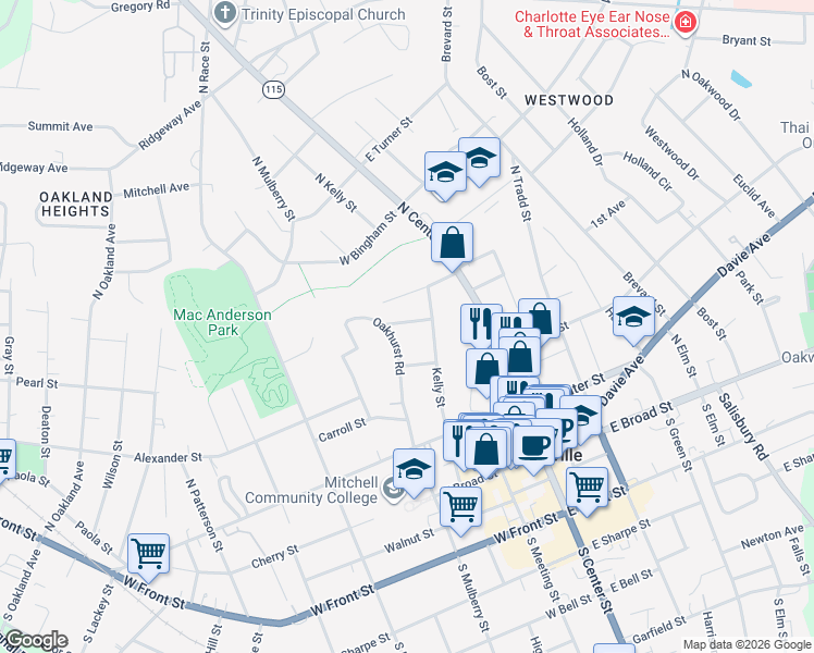 map of restaurants, bars, coffee shops, grocery stores, and more near 223 Maple St in Statesville