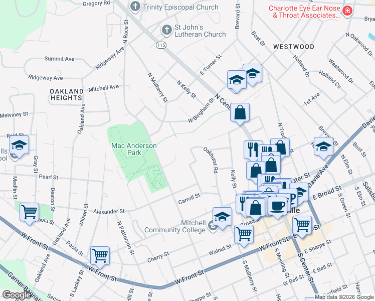 map of restaurants, bars, coffee shops, grocery stores, and more near 420 Oakhurst Road in Statesville