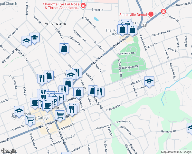 map of restaurants, bars, coffee shops, grocery stores, and more near 129 Park Street in Statesville