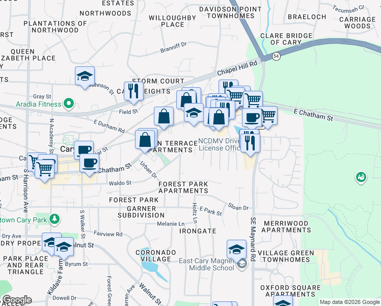 map of restaurants, bars, coffee shops, grocery stores, and more near in Cary