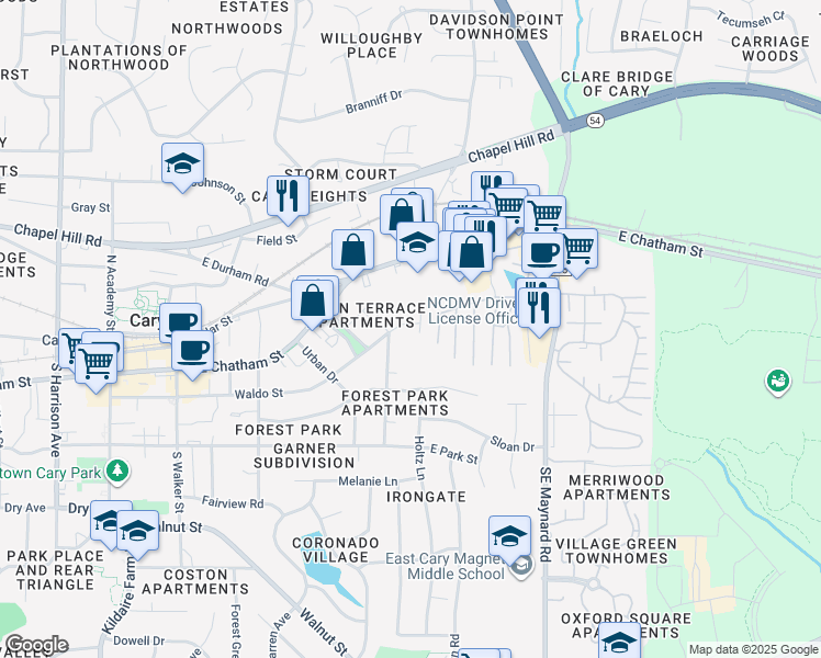map of restaurants, bars, coffee shops, grocery stores, and more near in Cary