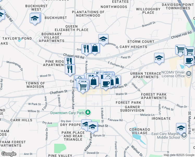 map of restaurants, bars, coffee shops, grocery stores, and more near 119 Ambassador Loop in Cary