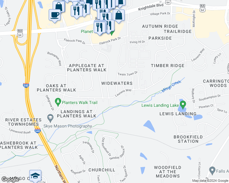 map of restaurants, bars, coffee shops, grocery stores, and more near 803 Steam Boat Street in Knightdale