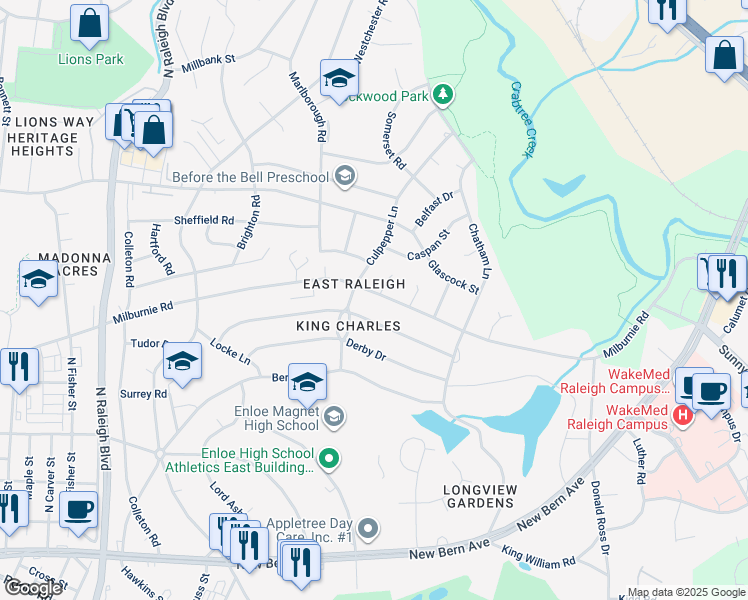 map of restaurants, bars, coffee shops, grocery stores, and more near 2420 Milburnie Road in Raleigh