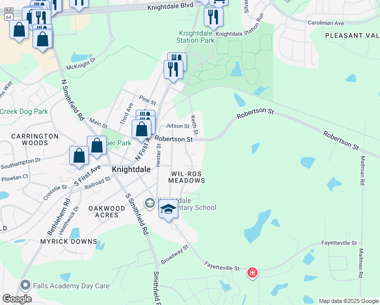 map of restaurants, bars, coffee shops, grocery stores, and more near 302 Kelley Meadows Drive in Knightdale