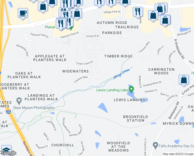 map of restaurants, bars, coffee shops, grocery stores, and more near 627 Laurens Way in Knightdale