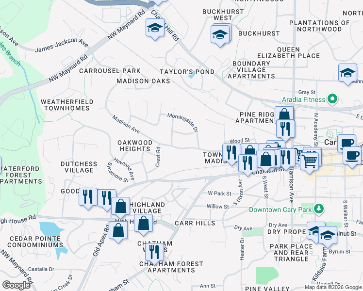 map of restaurants, bars, coffee shops, grocery stores, and more near 523 Madison Avenue in Cary