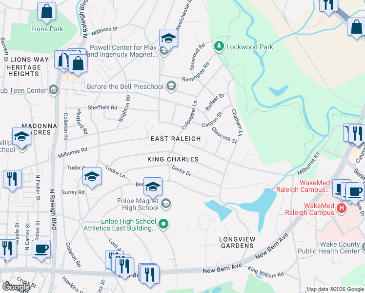 map of restaurants, bars, coffee shops, grocery stores, and more near 2420 Milburnie Road in Raleigh