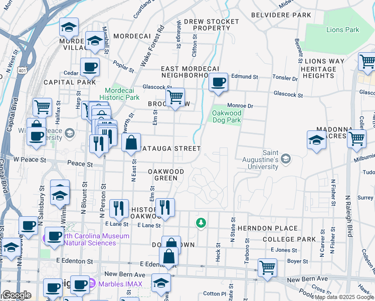 map of restaurants, bars, coffee shops, grocery stores, and more near 726 Peakland Place in Raleigh