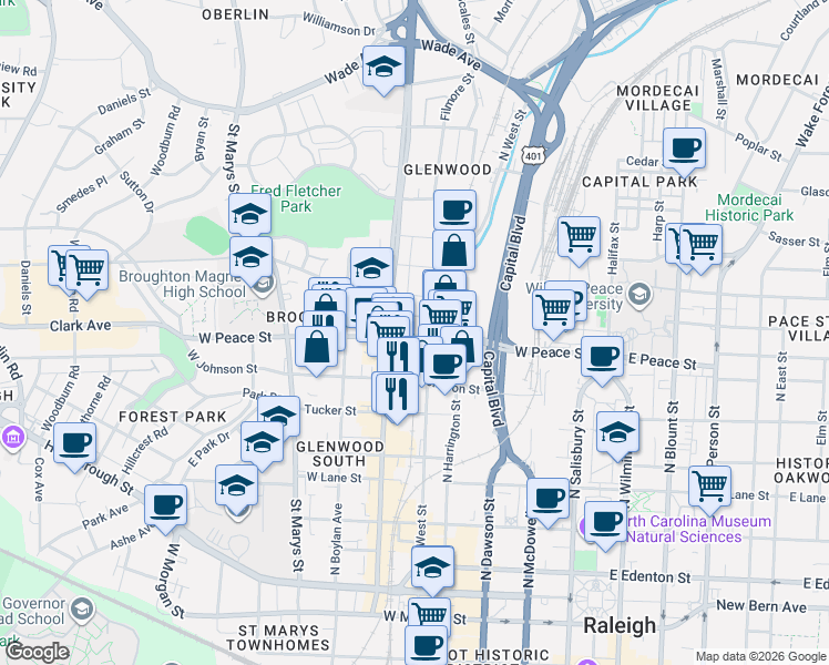 map of restaurants, bars, coffee shops, grocery stores, and more near 513 West Peace Street in Raleigh