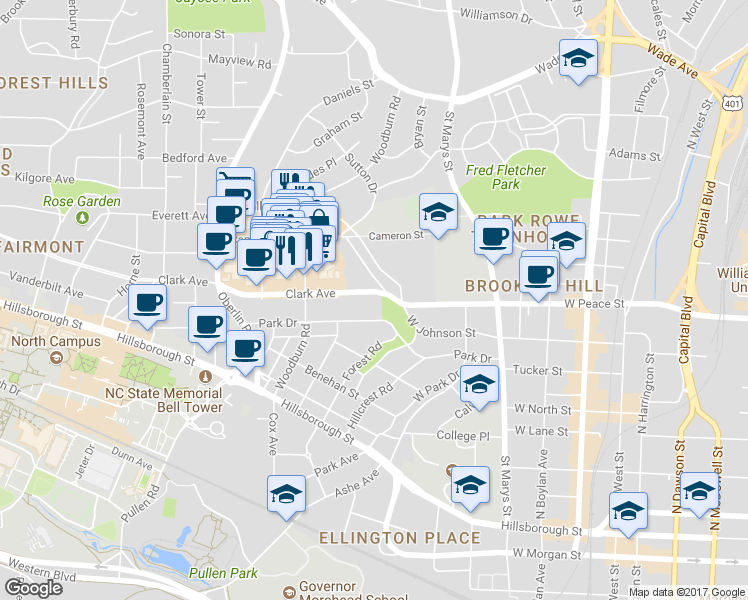 map of restaurants, bars, coffee shops, grocery stores, and more near 1620 Park Drive in Raleigh