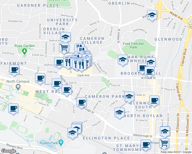 map of restaurants, bars, coffee shops, grocery stores, and more near 1620 Park Drive in Raleigh