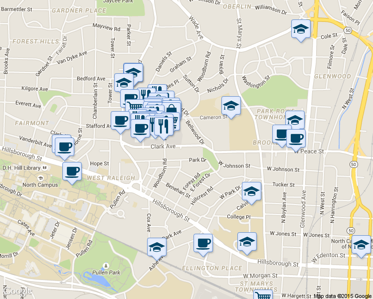 map of restaurants, bars, coffee shops, grocery stores, and more near 1620 Park Drive in Raleigh