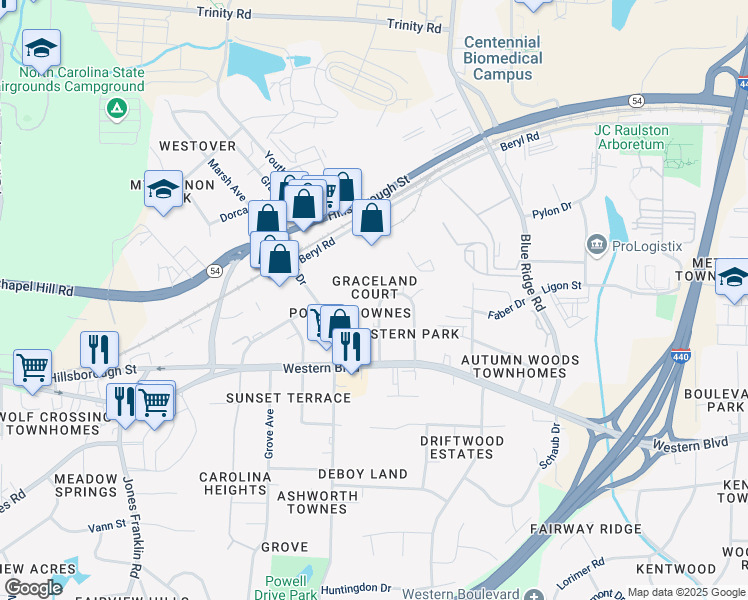 map of restaurants, bars, coffee shops, grocery stores, and more near 4407 Bleeker Court in Raleigh