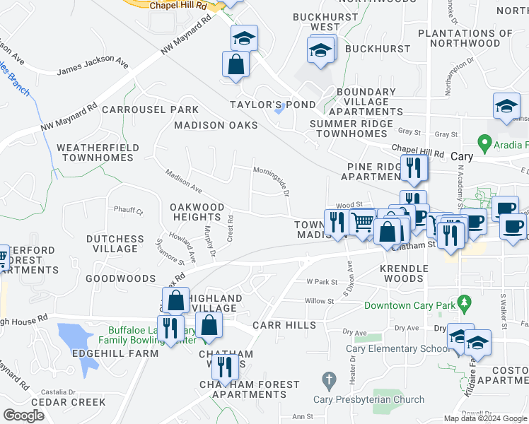 map of restaurants, bars, coffee shops, grocery stores, and more near 523 Madison Avenue in Cary