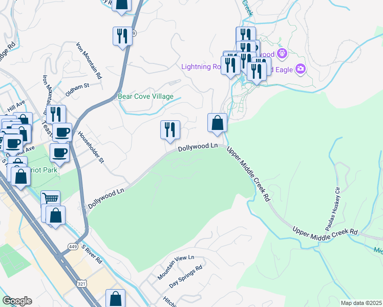map of restaurants, bars, coffee shops, grocery stores, and more near 723 Golf View Boulevard in Pigeon Forge