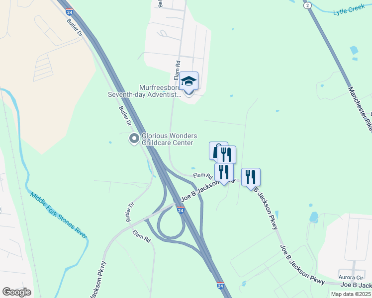 map of restaurants, bars, coffee shops, grocery stores, and more near 3039 Elam Road in Murfreesboro