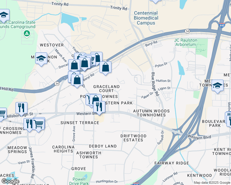 map of restaurants, bars, coffee shops, grocery stores, and more near 133 Pineland Circle in Raleigh