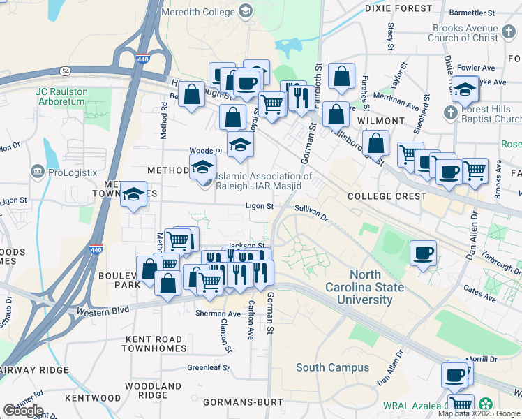 map of restaurants, bars, coffee shops, grocery stores, and more near 2911 Ligon Street in Raleigh