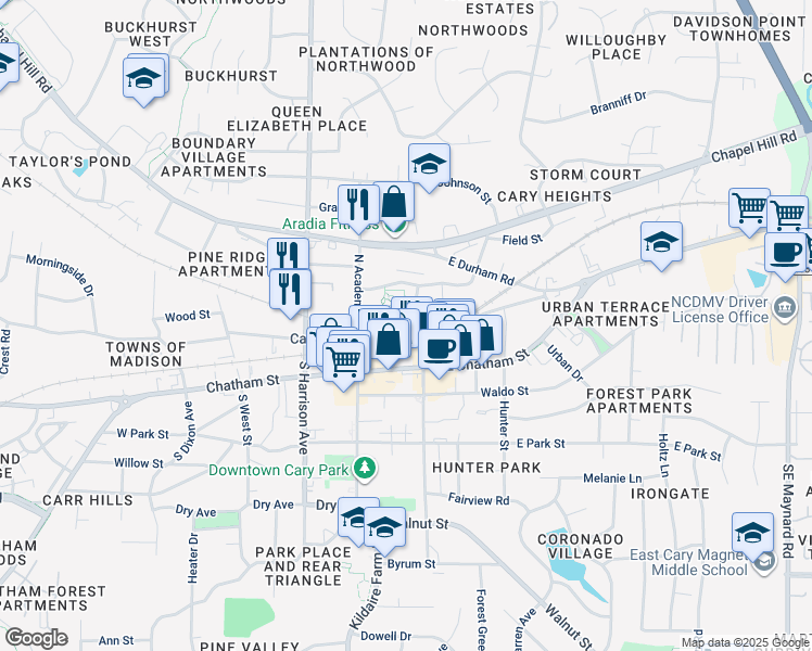 map of restaurants, bars, coffee shops, grocery stores, and more near 1178 Herb Garden Way in Apex