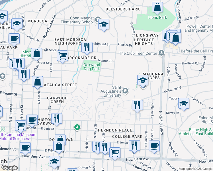 map of restaurants, bars, coffee shops, grocery stores, and more near 601 North State Street in Raleigh