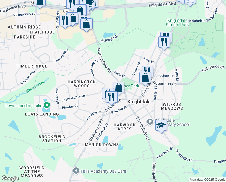 map of restaurants, bars, coffee shops, grocery stores, and more near 409 Carrington Drive in Knightdale