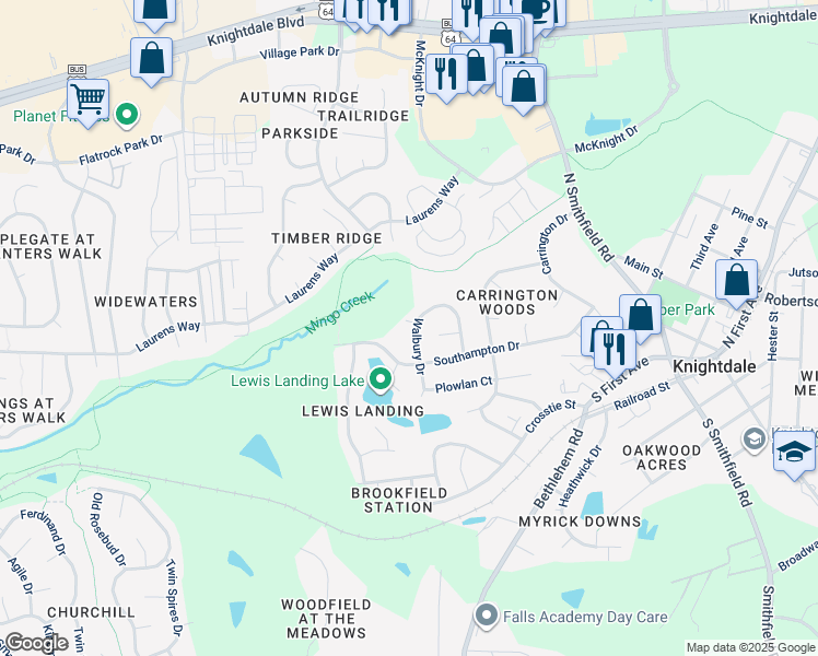 map of restaurants, bars, coffee shops, grocery stores, and more near 302 Walbury Drive in Knightdale