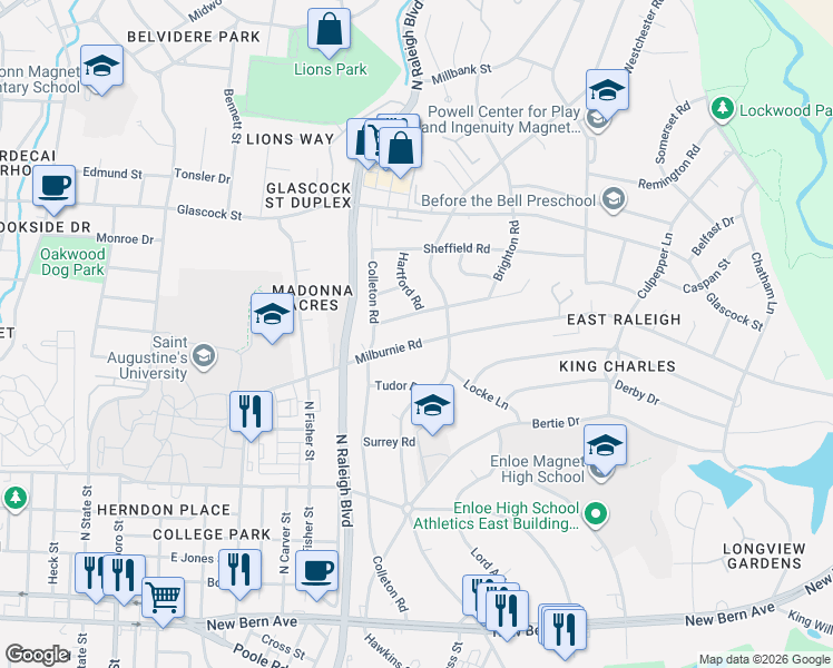 map of restaurants, bars, coffee shops, grocery stores, and more near 2128 Milburnie Road in Raleigh