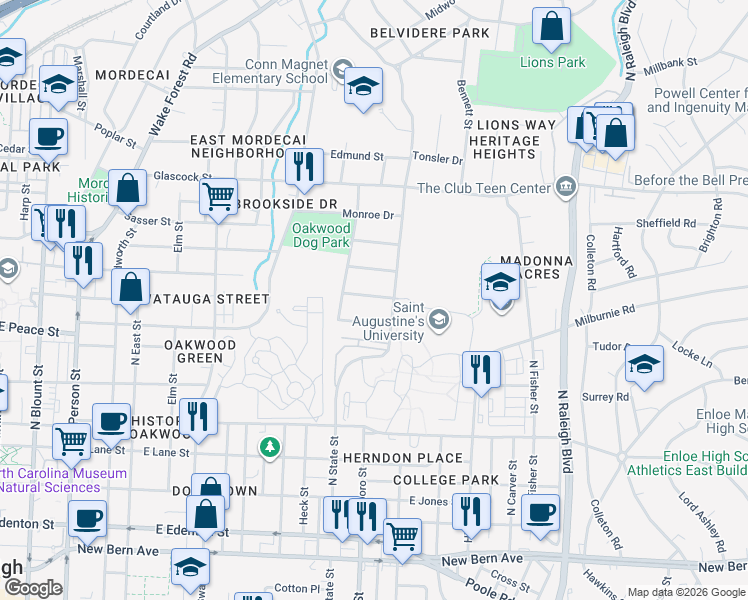 map of restaurants, bars, coffee shops, grocery stores, and more near 601 North State Street in Raleigh