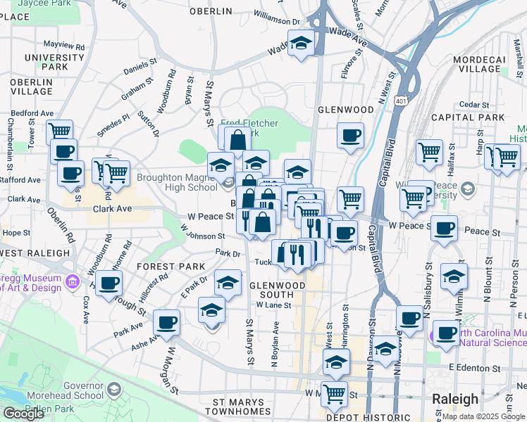map of restaurants, bars, coffee shops, grocery stores, and more near 804 West Peace Street in Raleigh