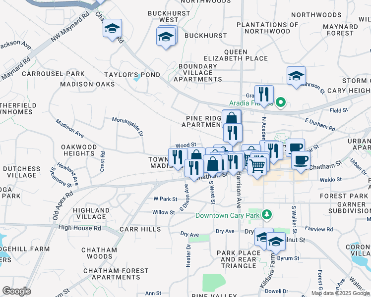 map of restaurants, bars, coffee shops, grocery stores, and more near 312 Holloway Street in Cary