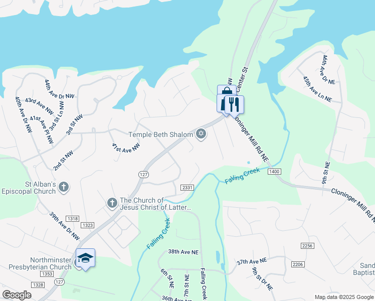 map of restaurants, bars, coffee shops, grocery stores, and more near 602 North Center Street in Hickory
