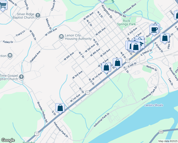 map of restaurants, bars, coffee shops, grocery stores, and more near 701 West 2nd Avenue in Lenoir City