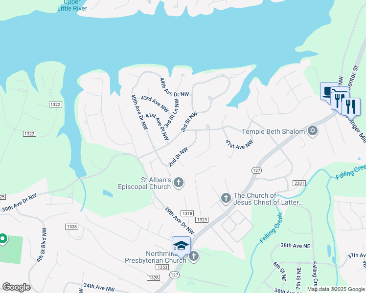 map of restaurants, bars, coffee shops, grocery stores, and more near 4137 2nd Street Northwest in Hickory