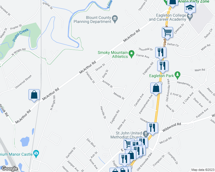 map of restaurants, bars, coffee shops, grocery stores, and more near 439 Arnold Street in Maryville