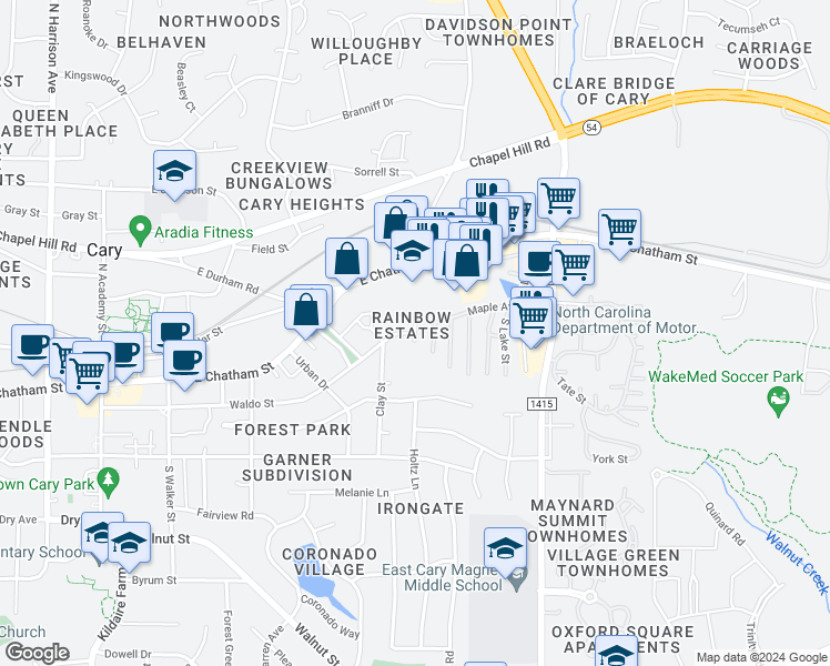 map of restaurants, bars, coffee shops, grocery stores, and more near Rainbow Court in Cary