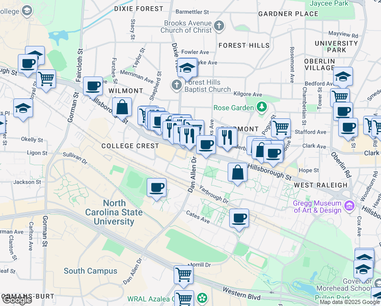 map of restaurants, bars, coffee shops, grocery stores, and more near 2811 Hillsborough Street in Raleigh