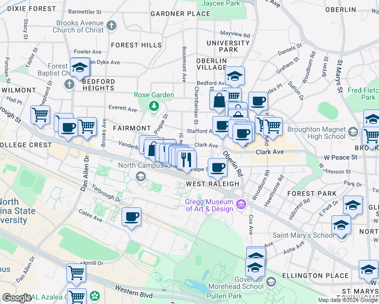 map of restaurants, bars, coffee shops, grocery stores, and more near 119 Chamberlain Street in Raleigh