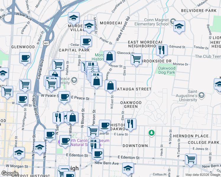 map of restaurants, bars, coffee shops, grocery stores, and more near 618 North East Street in Raleigh