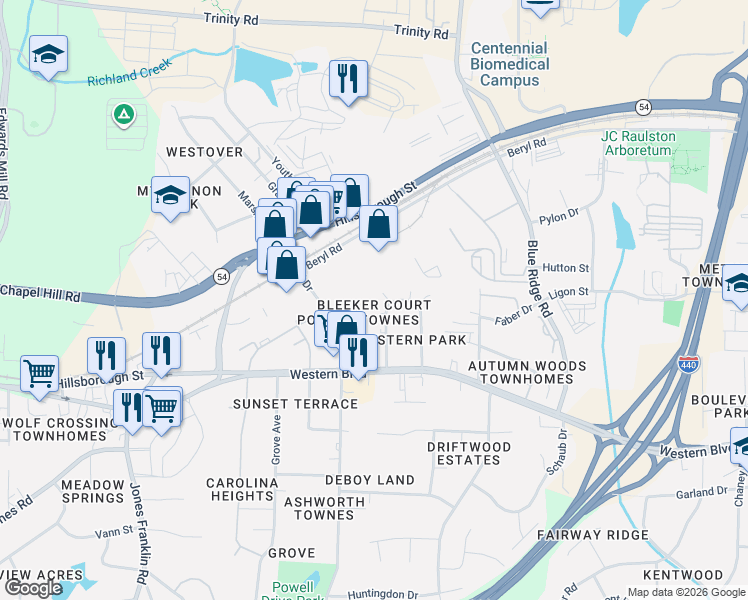 map of restaurants, bars, coffee shops, grocery stores, and more near 4407 Bleeker Court in Raleigh