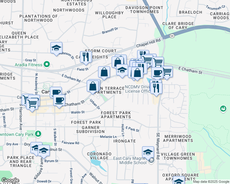 map of restaurants, bars, coffee shops, grocery stores, and more near in Cary