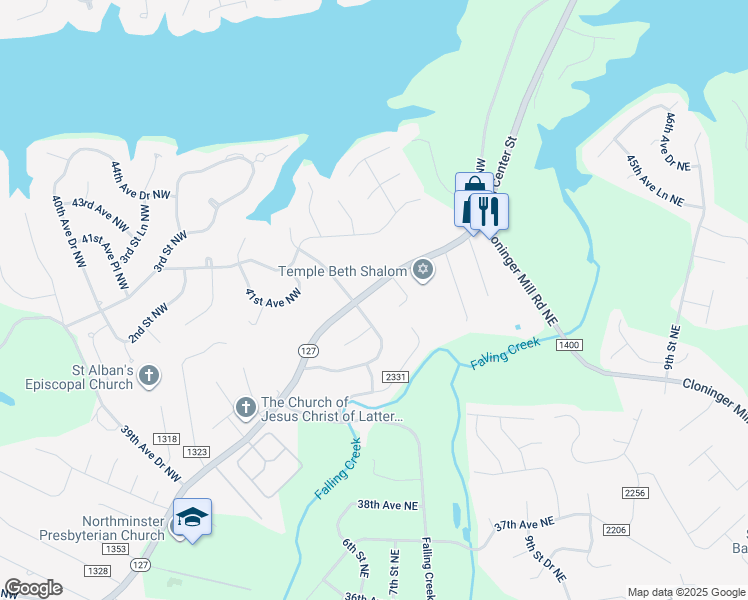 map of restaurants, bars, coffee shops, grocery stores, and more near 401 North Center Street in Hickory