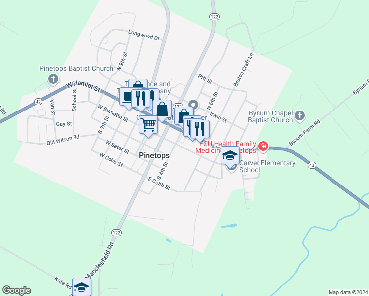 map of restaurants, bars, coffee shops, grocery stores, and more near East Burnette Street in Pinetops