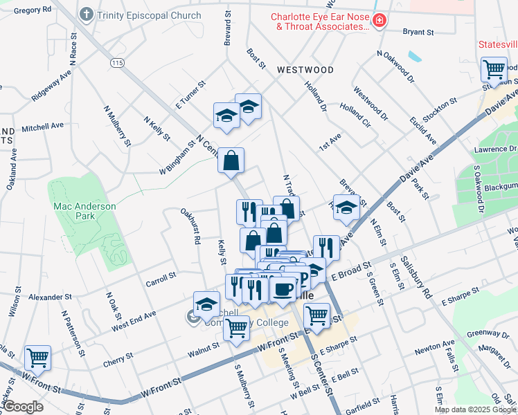 map of restaurants, bars, coffee shops, grocery stores, and more near 332 North Center Street in Statesville
