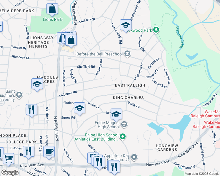 map of restaurants, bars, coffee shops, grocery stores, and more near 2316 Milburnie Road in Raleigh