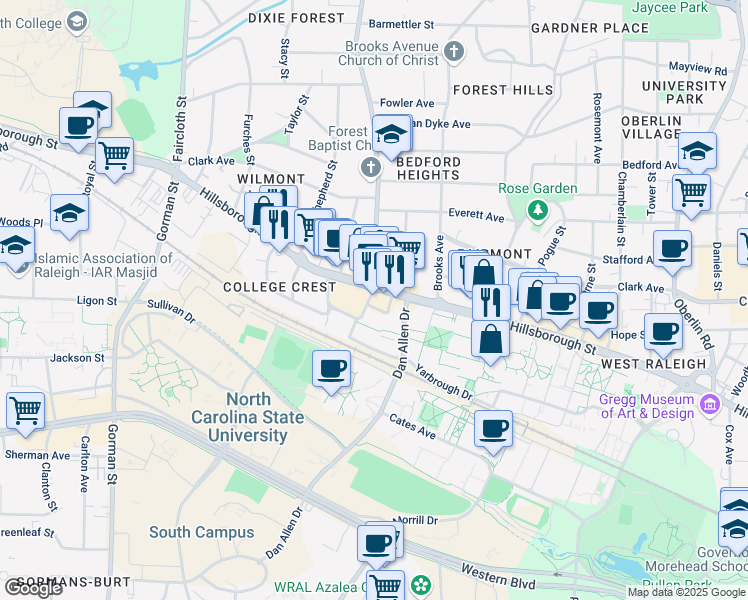 map of restaurants, bars, coffee shops, grocery stores, and more near 105 Friendly Drive in Raleigh