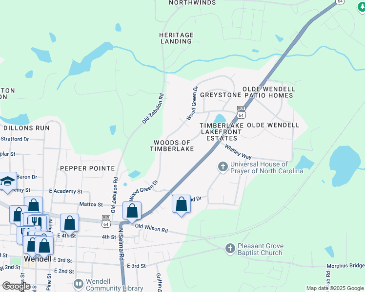 map of restaurants, bars, coffee shops, grocery stores, and more near 33 Deer Lake Trail in Wendell